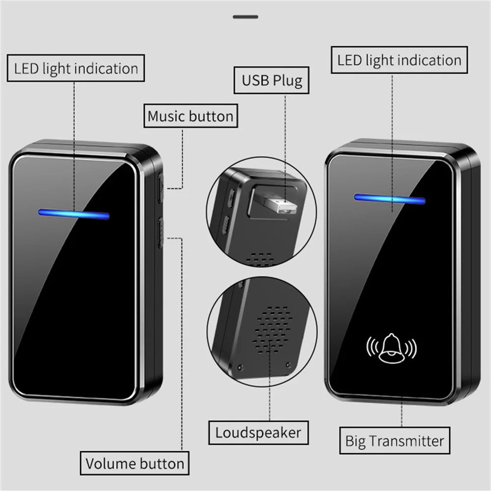 A80 Wireless USB Doorbell for Home 150m Range 60 Melodies 5 Volume Levels Door Chime, 2 Transmitters + 1 Receiver - Black - 3