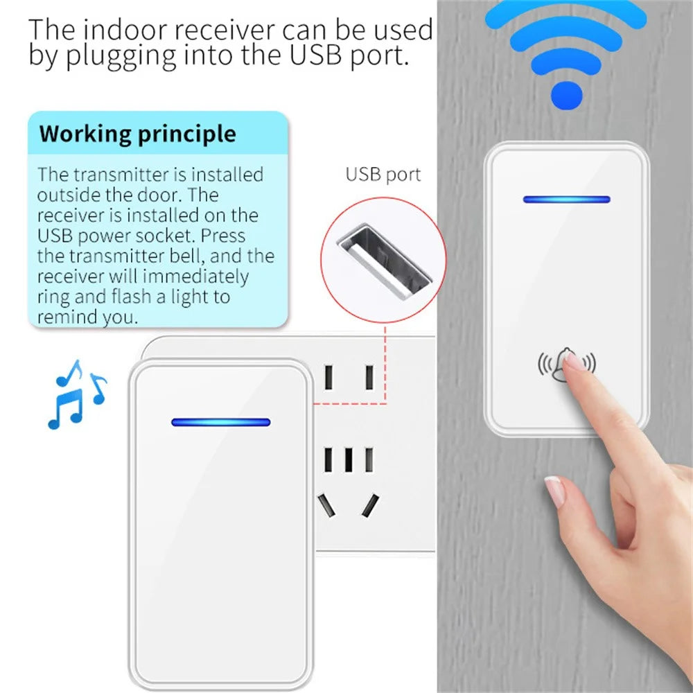 A80 Wireless USB Doorbell for Home 150m Range 60 Melodies 5 Volume Levels Door Chime, 2 Transmitters + 1 Receiver - Black - 4