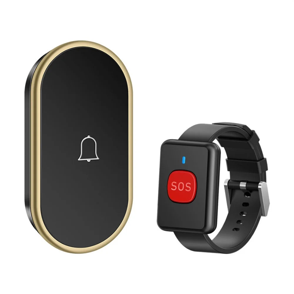 A18 For Elderly SOS Emergency Call Button 60 Melodies Adjustable Volume 300m Wireless Alarm System, 1 Watch Button + 1 EU Plug Receiver - Black+Gold - 1
