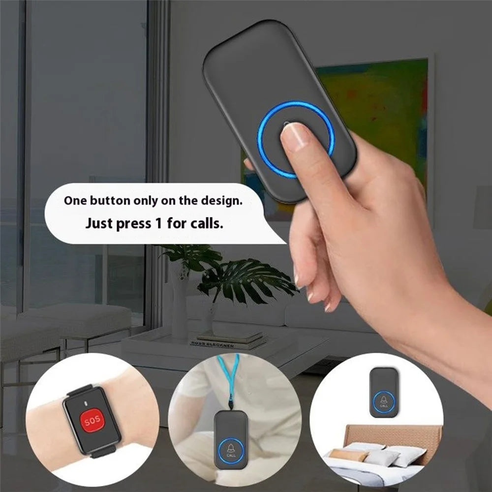 A18 For Elderly SOS Emergency Call Button 60 Melodies Adjustable Volume 300m Wireless Alarm System, 1 Watch Button + 1 EU Plug Receiver - Black+Gold - 2