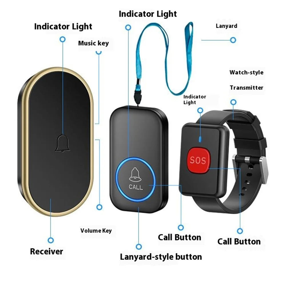 A18 For Elderly SOS Emergency Call Button 60 Melodies Adjustable Volume 300m Wireless Alarm System, 1 Watch Button + 1 EU Plug Receiver - Black+Gold - 6