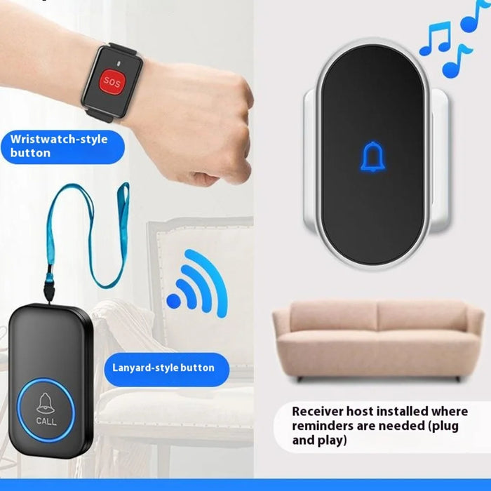 A18 For Elderly SOS Emergency Call Button 60 Melodies Adjustable Volume 300m Wireless Alarm System, 1 Lanyard Button + 1 EU Plug Receiver - Black+Gold - 5