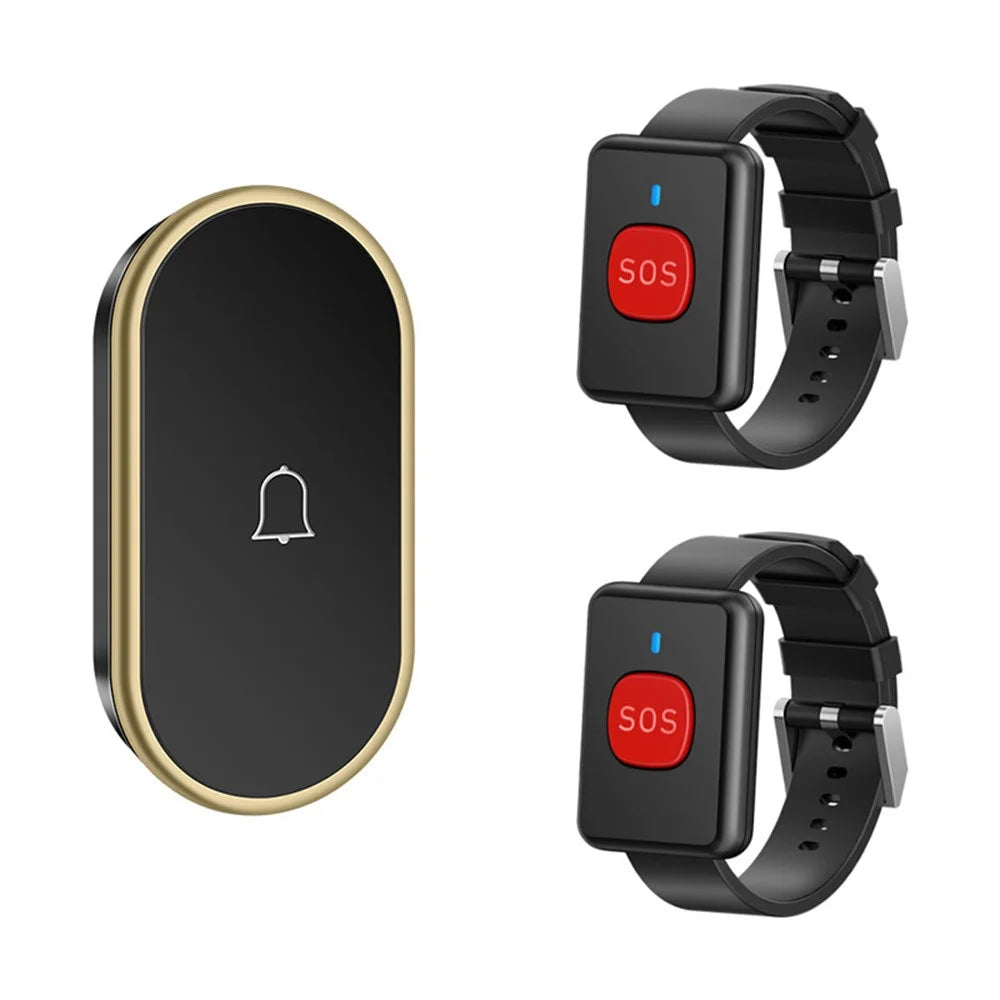 A18 For Elderly SOS Emergency Call Button 60 Melodies Adjustable Volume 300m Wireless Alarm System, 2 Watch Buttons + 1 EU Plug Receiver - Black+Gold - 1