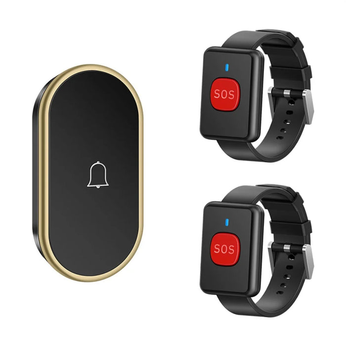 A18 For Elderly SOS Emergency Call Button 60 Melodies Adjustable Volume 300m Wireless Alarm System, 2 Watch Buttons + 1 EU Plug Receiver - Black+Gold - 1