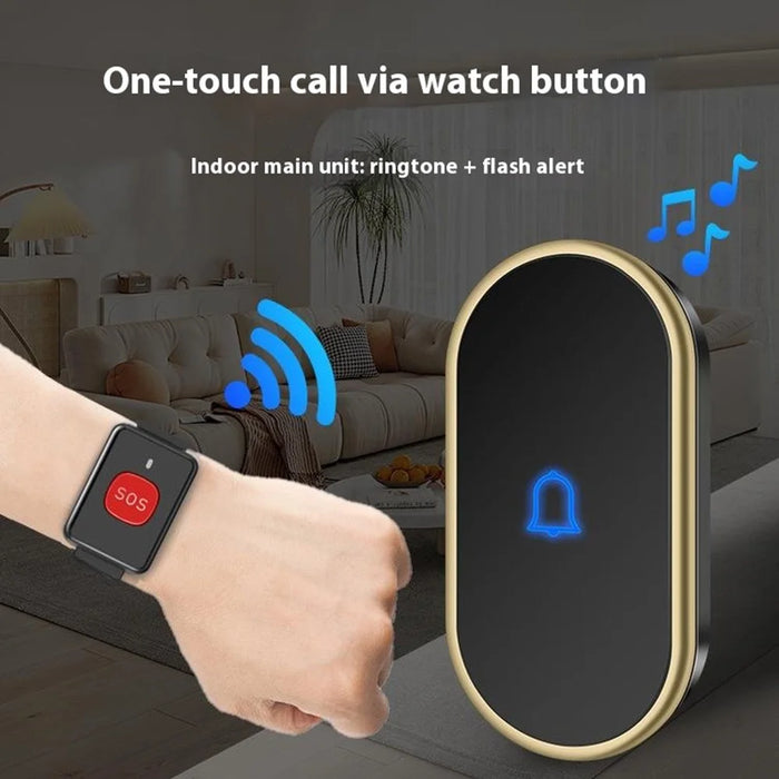 A18 For Elderly SOS Emergency Call Button 60 Melodies Adjustable Volume 300m Wireless Alarm System, 2 Watch Buttons + 1 EU Plug Receiver - Black+Gold - 3