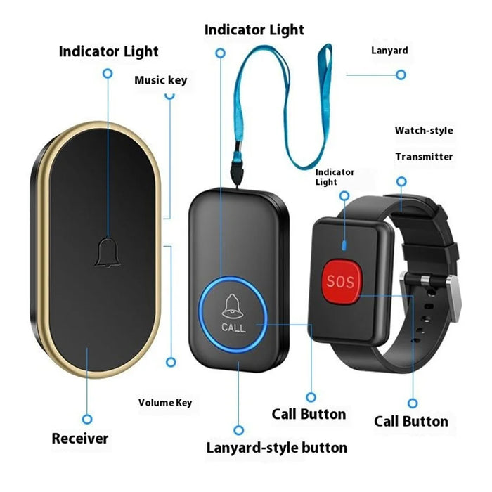 A18 For Elderly SOS Emergency Call Button 60 Melodies Adjustable Volume 300m Wireless Alarm System, 2 Watch Buttons + 1 EU Plug Receiver - Black+Gold - 5
