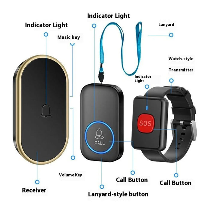 A18 For Elderly SOS Emergency Call Button 60 Melodies Adjustable Volume 300m Wireless Alarm System, 2 Lanyard Buttons + 1 EU Plug Receiver - Black+Gold - 6