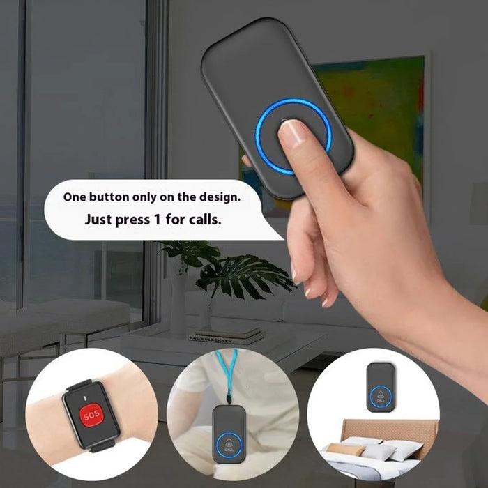 A18 For Elderly SOS Emergency Call Button 60 Melodies 300m Wireless Alarm System, 1 Watch Button + 1 Lanyard Button + 1 EU Plug Receiver - Black+Gold - 2