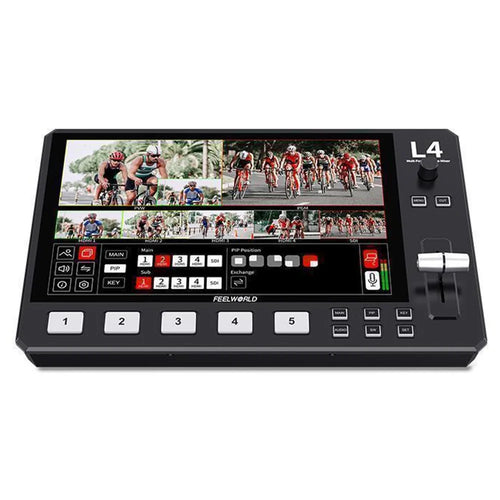 FEELWORLD L4 10.1-Inch Touch Screen HD SDI Video Switcher  /  Streaming Mixer  /  Multi-Camera Live Switcher for Professional Broadcasting - US Plug - 1