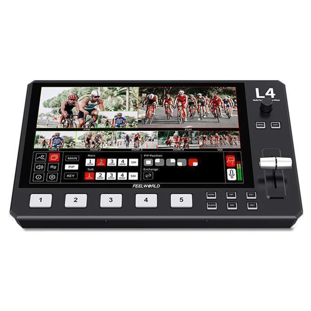 FEELWORLD L4 10.1-Inch Touch Screen HD SDI Video Switcher  /  Streaming Mixer  /  Multi-Camera Live Switcher for Professional Broadcasting - US Plug - 1