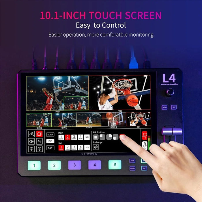 FEELWORLD L4 10.1-Inch Touch Screen HD SDI Video Switcher  /  Streaming Mixer  /  Multi-Camera Live Switcher for Professional Broadcasting - US Plug - 5
