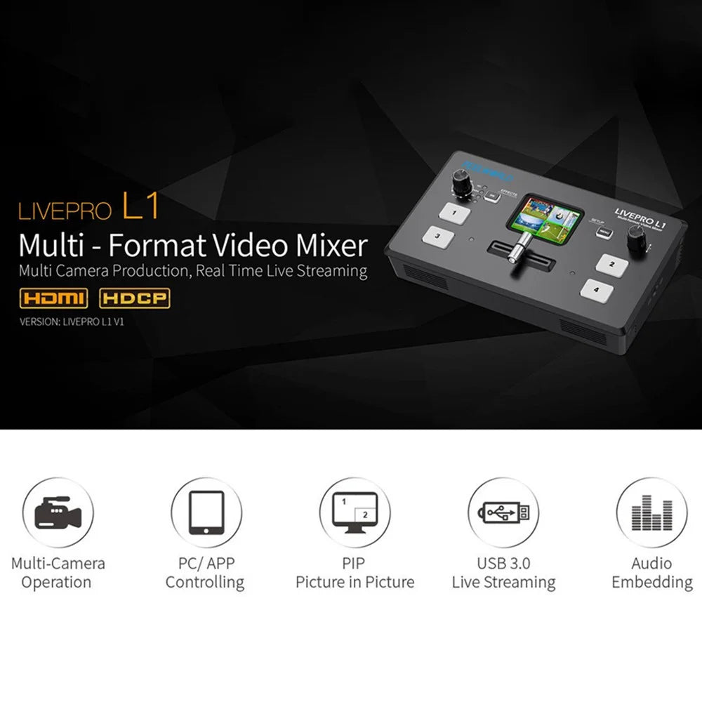 FEELWORLD LIVEPRO L1 V1 USB 3.0 Multi-Camera Live Streaming Video Switcher with 2-Inch TFT Screen, 4 HD Inputs, and APP Control - US Plug - 2