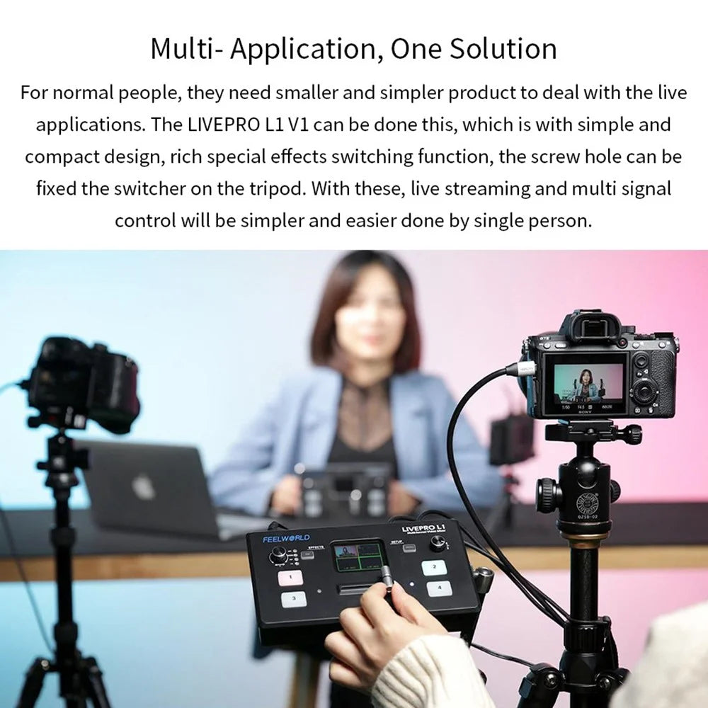 FEELWORLD LIVEPRO L1 V1 USB 3.0 Multi-Camera Live Streaming Video Switcher with 2-Inch TFT Screen, 4 HD Inputs, and APP Control - US Plug - 3