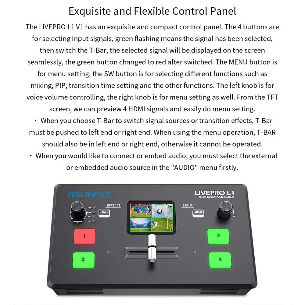 FEELWORLD LIVEPRO L1 V1 USB 3.0 Multi-Camera Live Streaming Video Switcher with 2-Inch TFT Screen, 4 HD Inputs, and APP Control - US Plug - 4