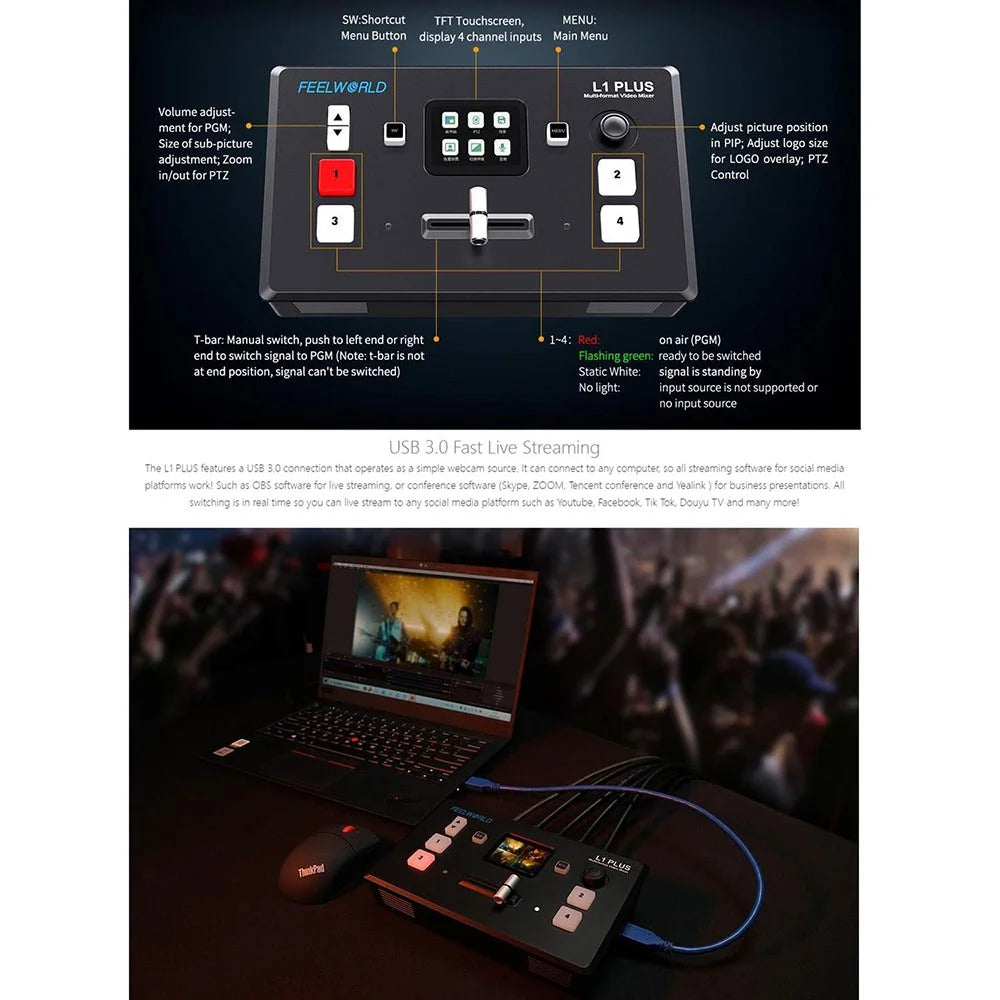 FEELWORLD L1 PLUS Video Switcher  /  PTZ Control  /  Chroma Key  /  Multi-Camera Live Production Mixer for Studio  /  Broadcasting - US Plug - 7