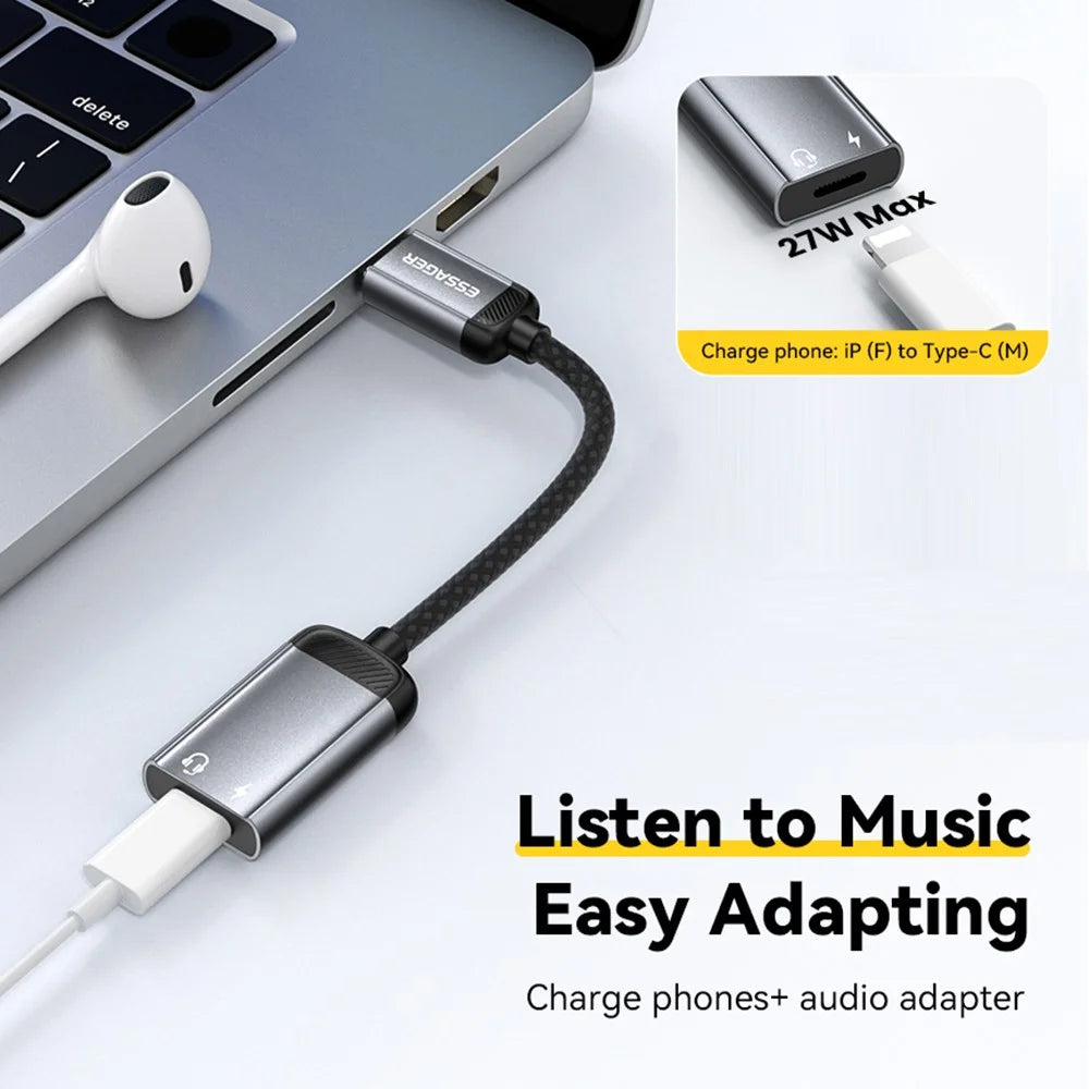 ESSAGER 15cm 2 in 1 Audio Adapter Type-C Female to iP Male Charging Audio DAC Digital Decoding - Grey - 3