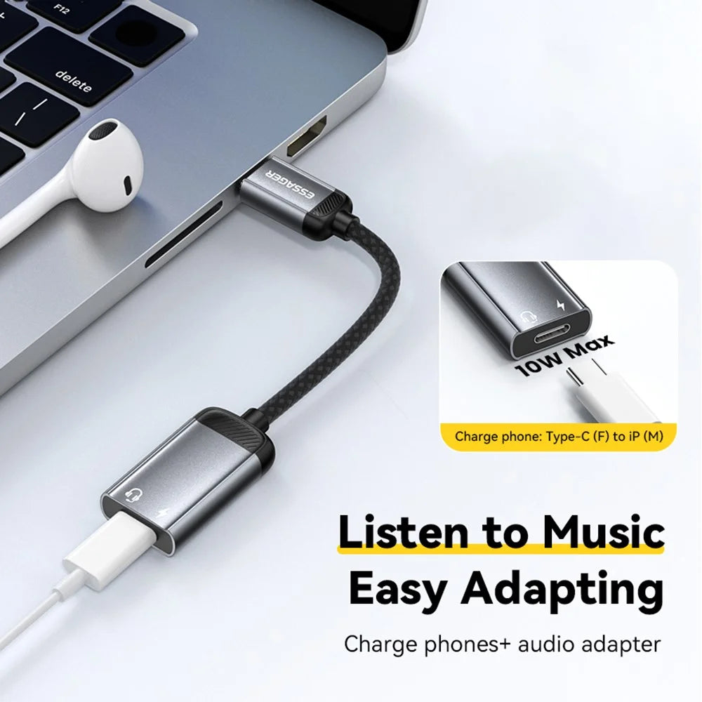 ESSAGER 15cm 2 in 1 Audio Adapter iP Female to Type-C Male Charging Audio DAC Digital Decoding - Grey - 5
