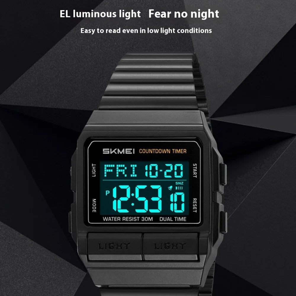 SKMEI 2475 Square Digital Watch for Students Chronograph Electronic Wristwatch with EL Backlight - Black+White Dial - 4