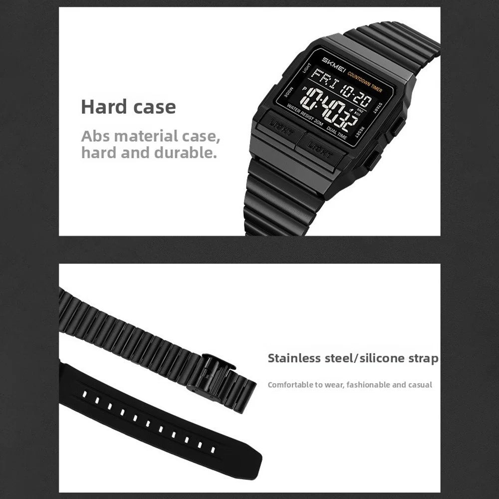 SKMEI 2475 Square Digital Watch for Students Chronograph Electronic Wristwatch with EL Backlight - Black+White Dial - 5
