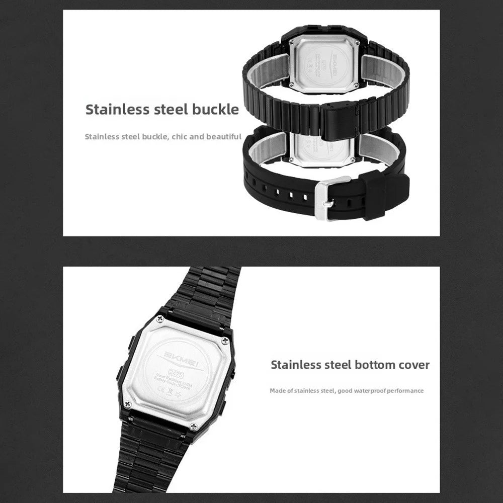 SKMEI 2475 Square Digital Watch for Students Chronograph Electronic Wristwatch with EL Backlight - Black+White Dial - 6
