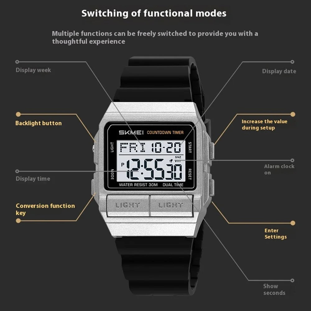 SKMEI 2475 Square Digital Watch for Students Chronograph Electronic Wristwatch with EL Backlight - Black+White Dial - 7