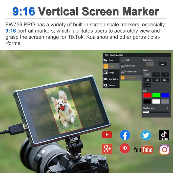 FEELWORLD FW759 PRO 7 Inch Touch Screen Camera Monitor HD / AV Input IPS Display for Photography Videography - 7