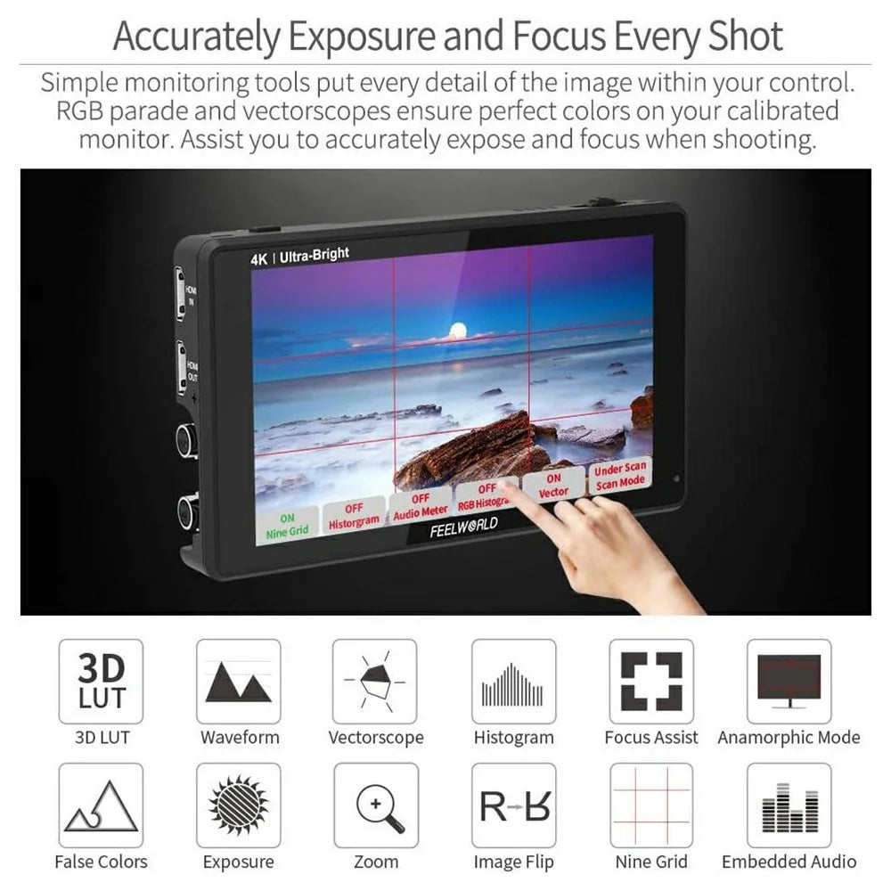 FEELWORLD LUT6S 6 Inch 2600nits Touch Screen Camera Field Monitor 3G-SDI HDR 3D LUT 4K HD 1920x1080 IPS Monitor - 4