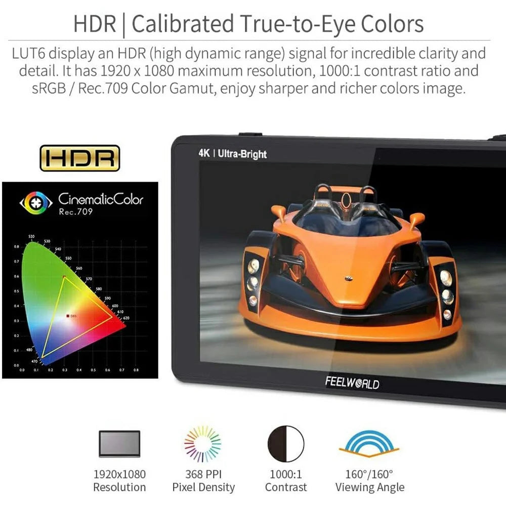 FEELWORLD LUT6S 6 Inch 2600nits Touch Screen Camera Field Monitor 3G-SDI HDR 3D LUT 4K HD 1920x1080 IPS Monitor - 6