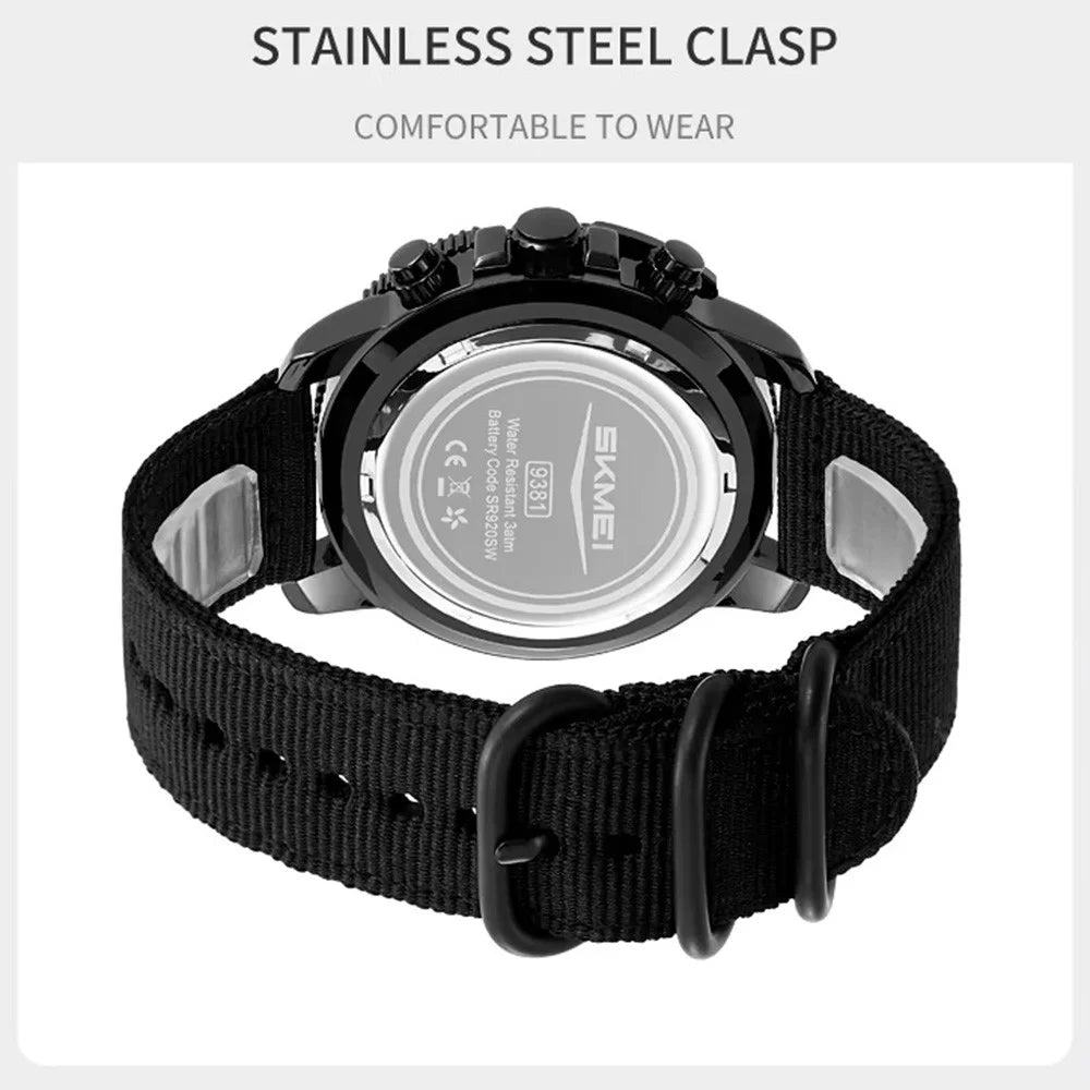 SKMEI 9381 Nylon Strap Quartz Watch Multifunctional Chronograph Calendar Display Luminous Wristwatch - Black - 3