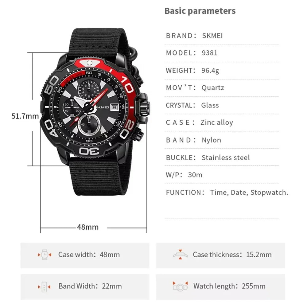 SKMEI 9381 Nylon Strap Quartz Watch Multifunctional Chronograph Calendar Display Luminous Wristwatch - Black - 6