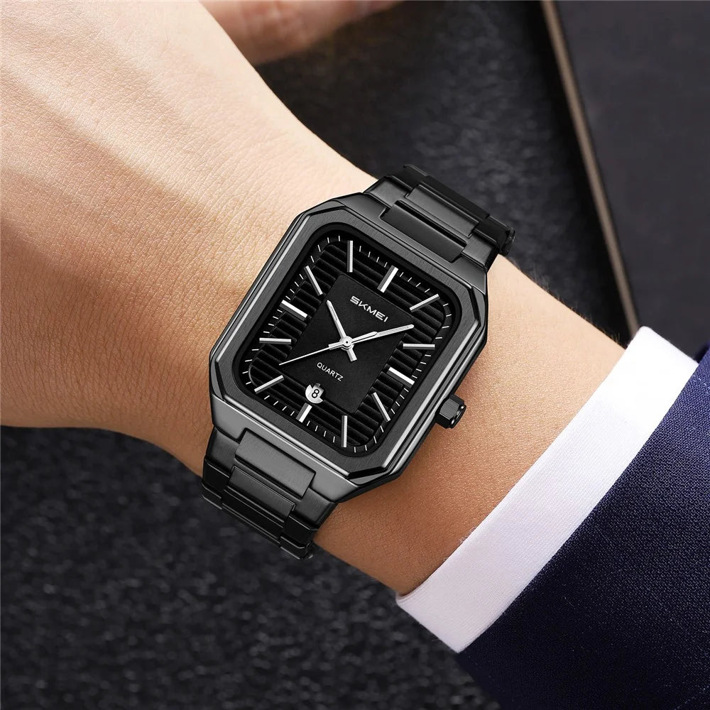 SKMEI 9373 Stainless Steel Strap Quartz Watch with Calendar Function Business Men Analog Display Wristwatch - Black+Black - 5