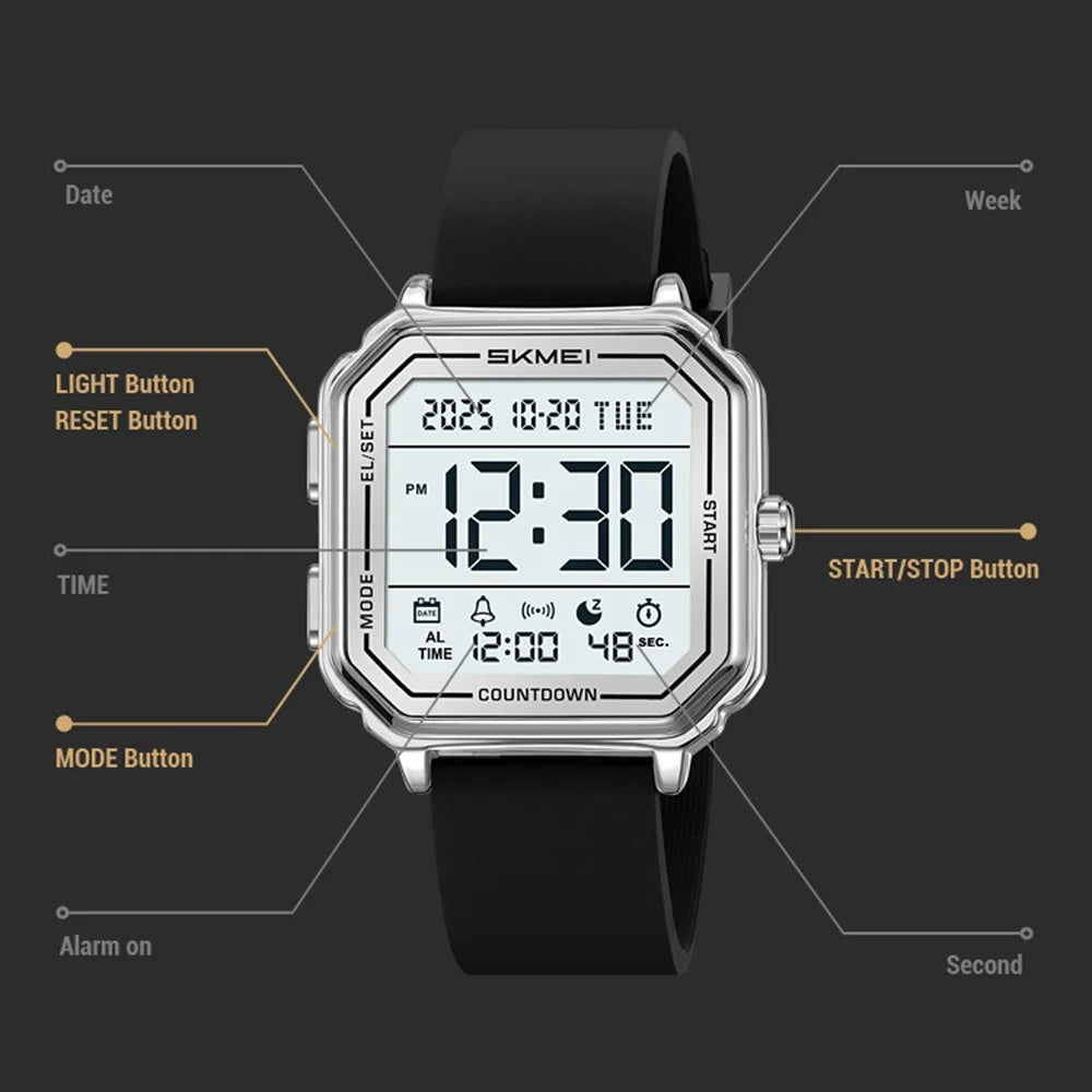 SKMEI 2559 Date Display Electronic Watch with EL Backlight Stainless Steel Strap Digital Wristwatch - Black Case - 4