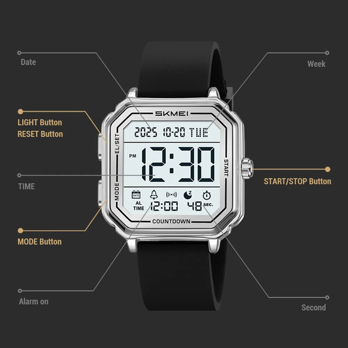 SKMEI 2559 Date Display Electronic Watch with EL Backlight Stainless Steel Strap Digital Wristwatch - Black Case - 4