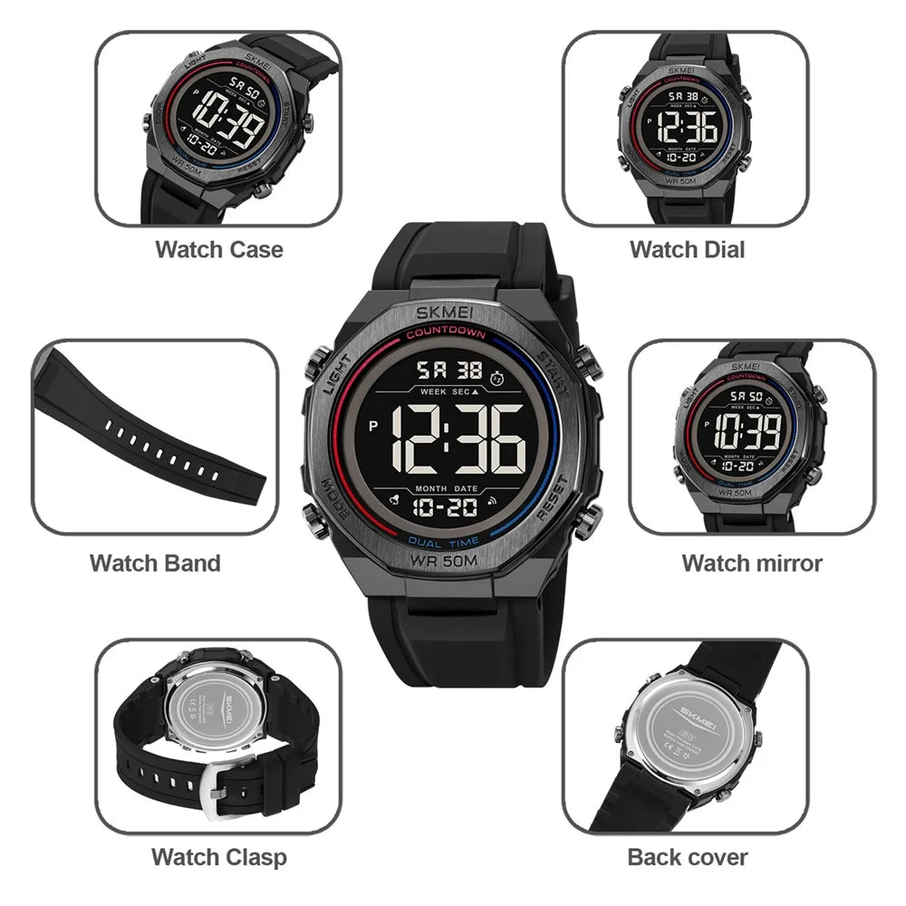 SKMEI 2513 For Men Multi-Function Digital Watch Alarm Clock Stopwatch Electronic Wristwatch with EL Backlight - Black+Black Dial - 2