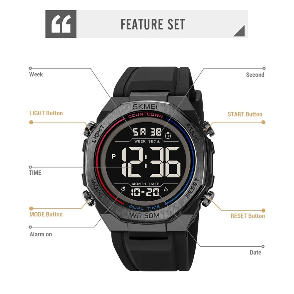 SKMEI 2513 For Men Multi-Function Digital Watch Alarm Clock Stopwatch Electronic Wristwatch with EL Backlight - Black+Black Dial - 7
