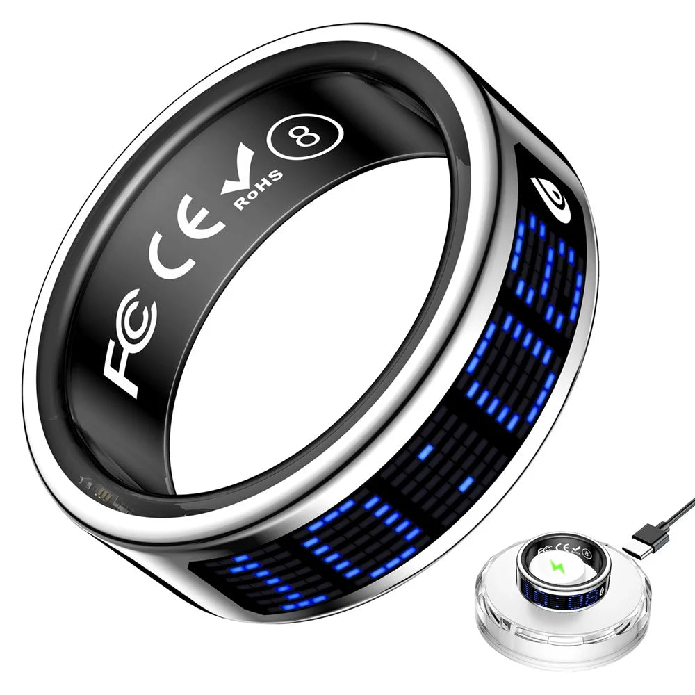 SR16 Digital Display Smart Ring Sleep Tracking Blood Oxygen Heart Rate Monitor Prayer Counter with Charging Case - Silver / Size 8 - 1