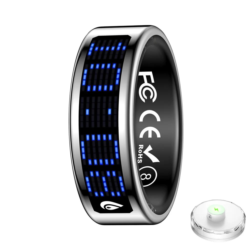 SR16 Digital Display Smart Ring Sleep Tracking Blood Oxygen Heart Rate Monitor Prayer Counter with Charging Case - Silver / Size 8 - 2