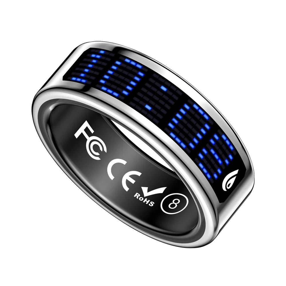 SR16 Digital Display Smart Ring Sleep Tracking Blood Oxygen Heart Rate Monitor Prayer Counter with Charging Case - Silver / Size 8 - 3