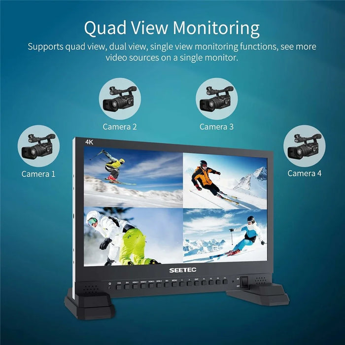 SEETEC 156-9HSD 15.6 inch 4K IPS Screen Quad Multiviewer Monitor 170° Viewing Angle HD Video Display 3 Color Tally Lights - US Plug - 5