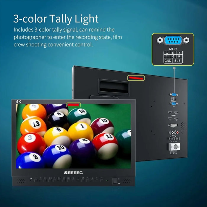 SEETEC 156-9HSD 15.6 inch 4K IPS Screen Quad Multiviewer Monitor 170° Viewing Angle HD Video Display 3 Color Tally Lights - US Plug - 6