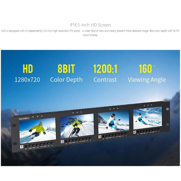 FEELWORLD Q41 4.5 inch 2RU Rack-Mount Broadcast Display 3G-SDI  /  4K HD  /  AV Quad-Screen Broadcast Multi-Viewer - US Plug - 7