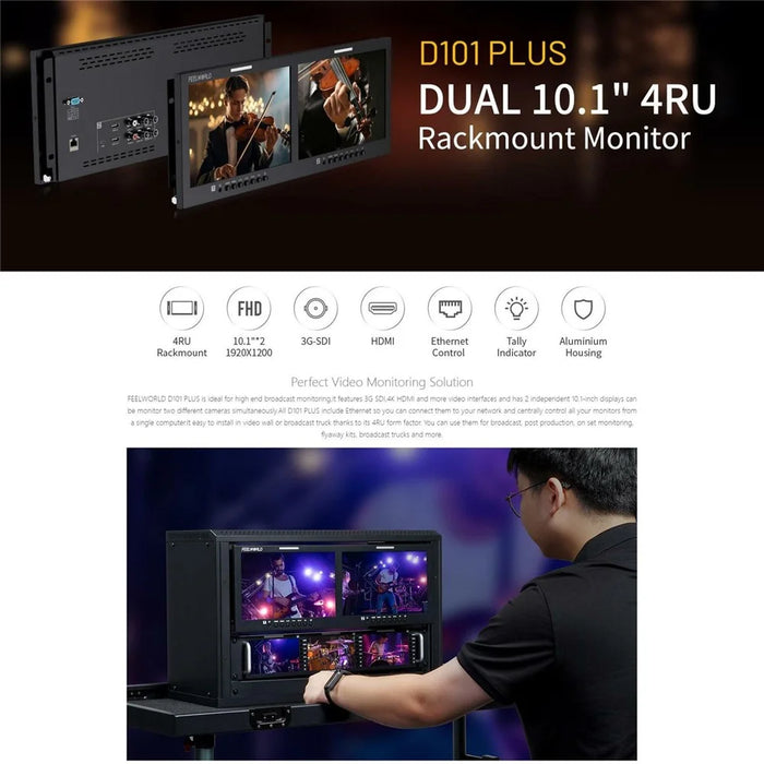 FEELWORLD D101 PLUS Dual 10.1 Inch 4RU Rack Mount Monitor 4K HD SDI 1920x1200 IPS Screen Professional Display - US Plug - 3