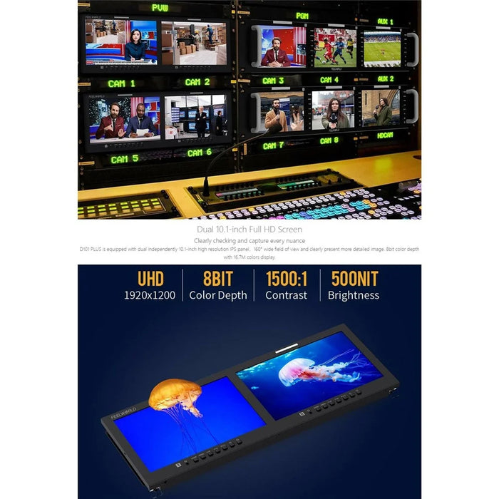 FEELWORLD D101 PLUS Dual 10.1 Inch 4RU Rack Mount Monitor 4K HD SDI 1920x1200 IPS Screen Professional Display - US Plug - 4