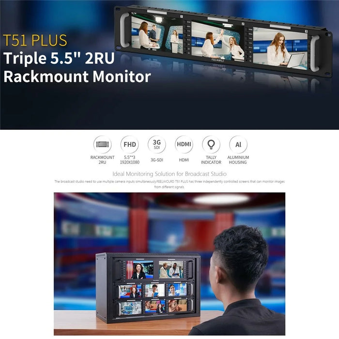 FEELWORLD T51 PLUS Triple 5.5 Inch IPS Screen SDI  /  4K HD  /  AV 2RU Rack Mount Video Monitor - US Plug - 3