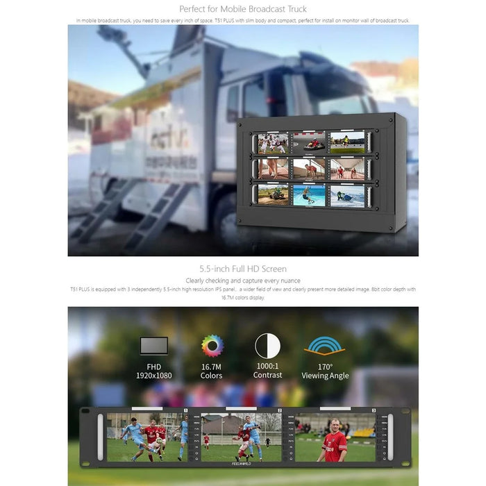 FEELWORLD T51 PLUS Triple 5.5 Inch IPS Screen SDI  /  4K HD  /  AV 2RU Rack Mount Video Monitor - US Plug - 4