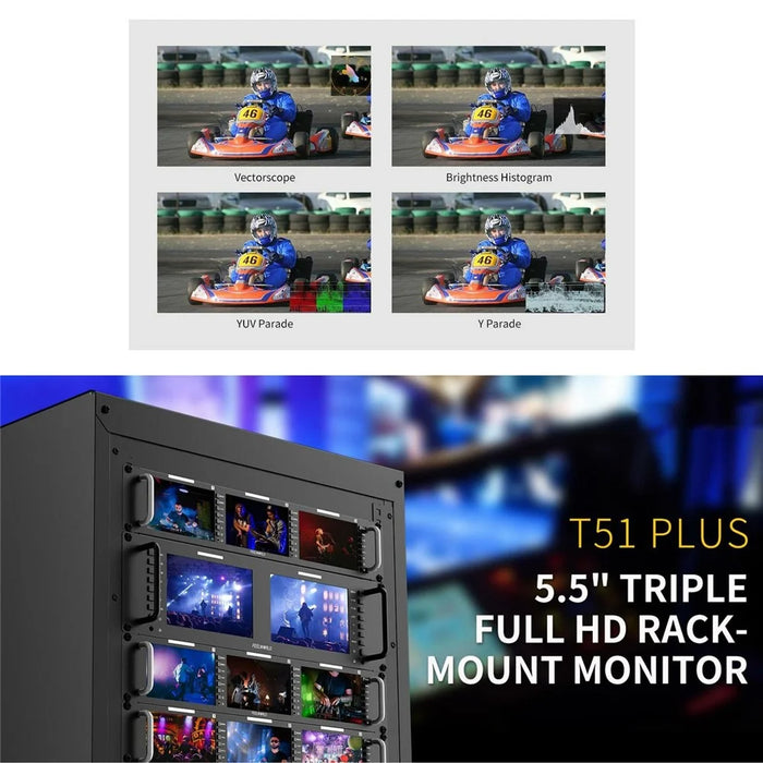 FEELWORLD T51 PLUS Triple 5.5 Inch IPS Screen SDI  /  4K HD  /  AV 2RU Rack Mount Video Monitor - US Plug - 7