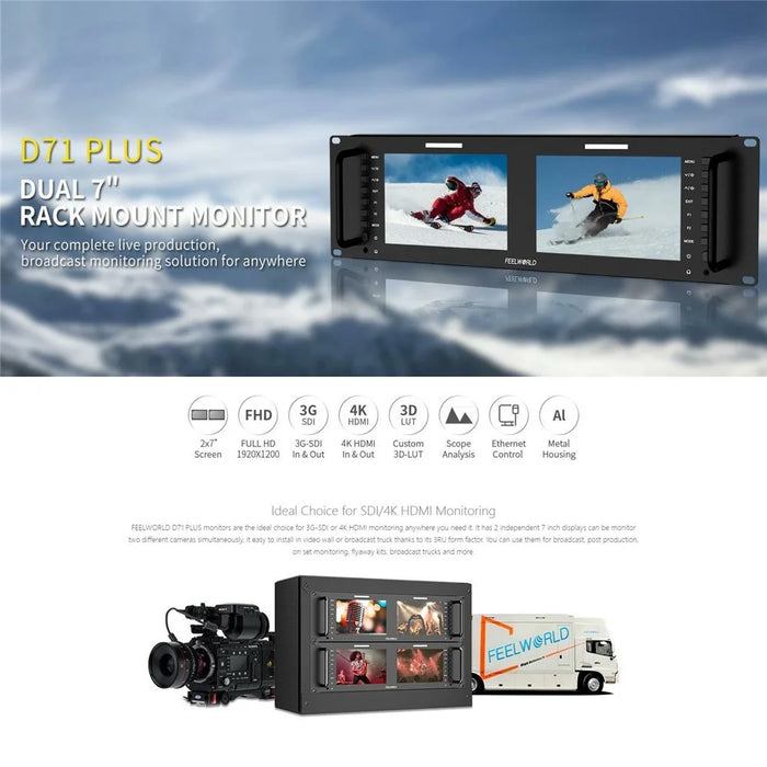 FEELWORLD D71 PLUS Dual 7 Inch IPS Screen 3RU Rack Mount Monitor 4K HD SDI 1920x1200 Broadcast Video Display - US Plug - 3