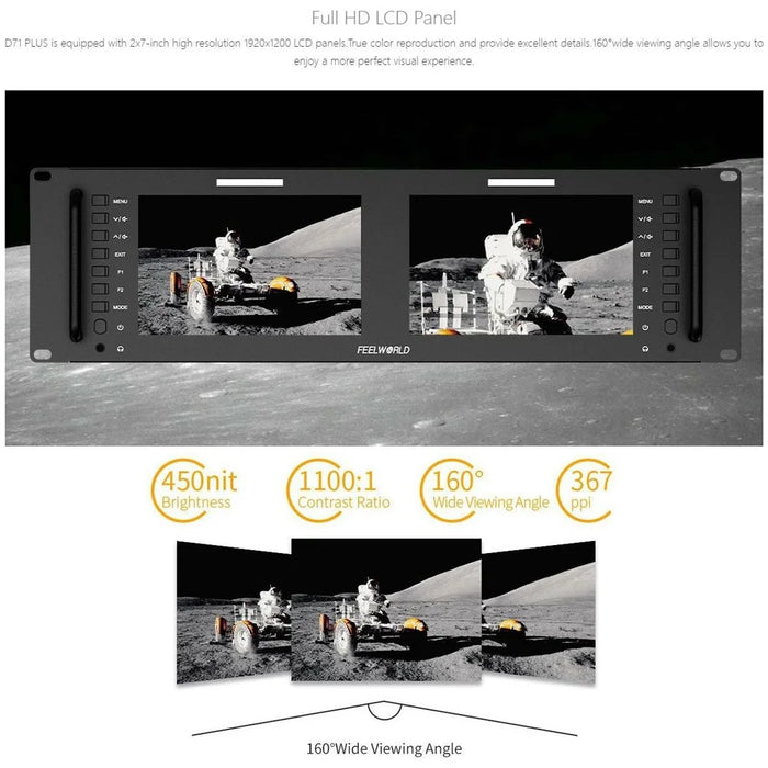 FEELWORLD D71 PLUS Dual 7 Inch IPS Screen 3RU Rack Mount Monitor 4K HD SDI 1920x1200 Broadcast Video Display - US Plug - 4