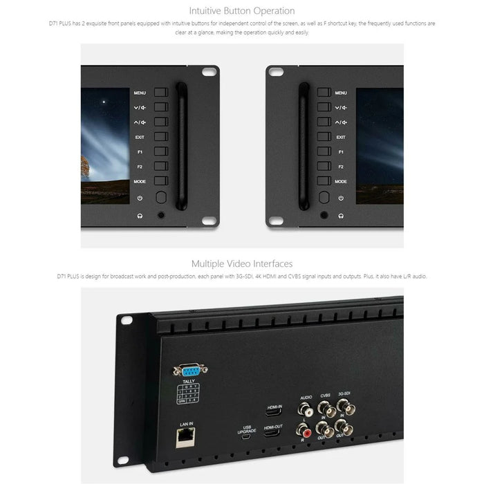 FEELWORLD D71 PLUS Dual 7 Inch IPS Screen 3RU Rack Mount Monitor 4K HD SDI 1920x1200 Broadcast Video Display - US Plug - 5