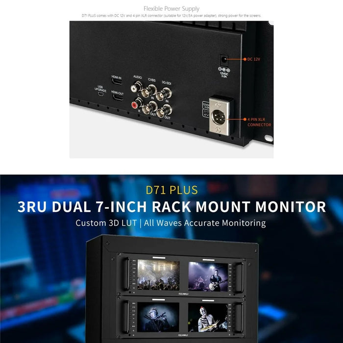 FEELWORLD D71 PLUS Dual 7 Inch IPS Screen 3RU Rack Mount Monitor 4K HD SDI 1920x1200 Broadcast Video Display - US Plug - 6